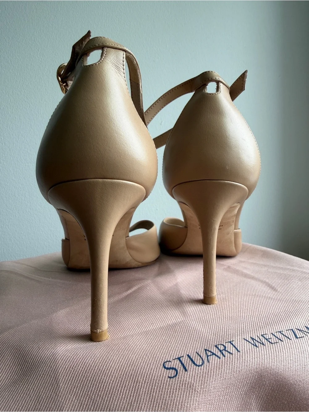 Stuart Weitzman Beige Leather Ankle-Strap Open-Toe Heels